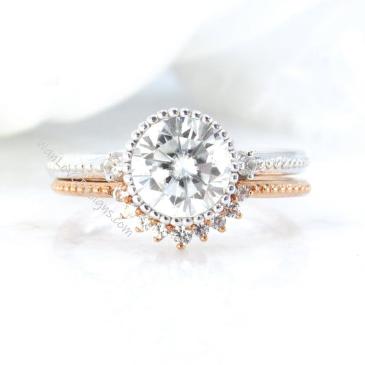 Vintage Moissanite Engagement Ring Art Deco rose gold Round Migrain Bezel Bridal set Curved Diamond wedding band Anniversary promise ring