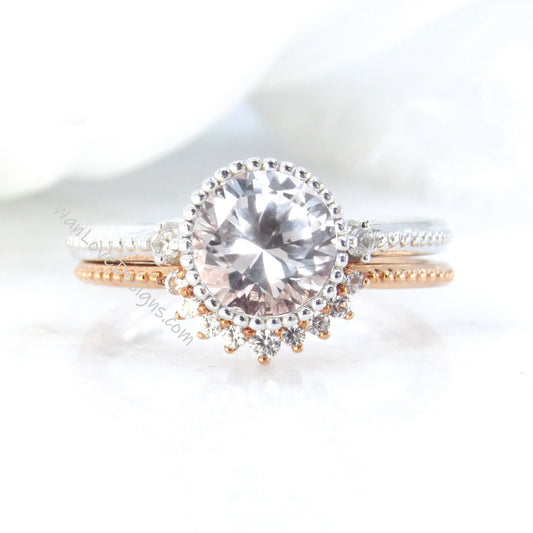 Vintage Light Pink Sapphire Engagement Ring Art Deco rose gold Round Migrain Bezel Bridal set Curved Diamond wedding band Anniversary ring