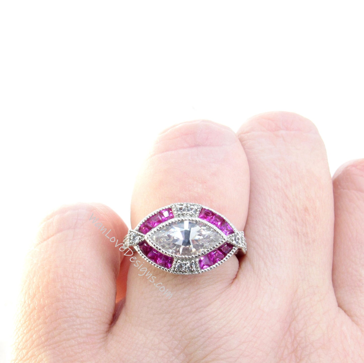 White Sapphire & Ruby East West Art Deco Halo Antique Filigree Marquise Bezel Milgrain Engagement Ring-2ct 12x6mm-Wedding-Ready to Ship