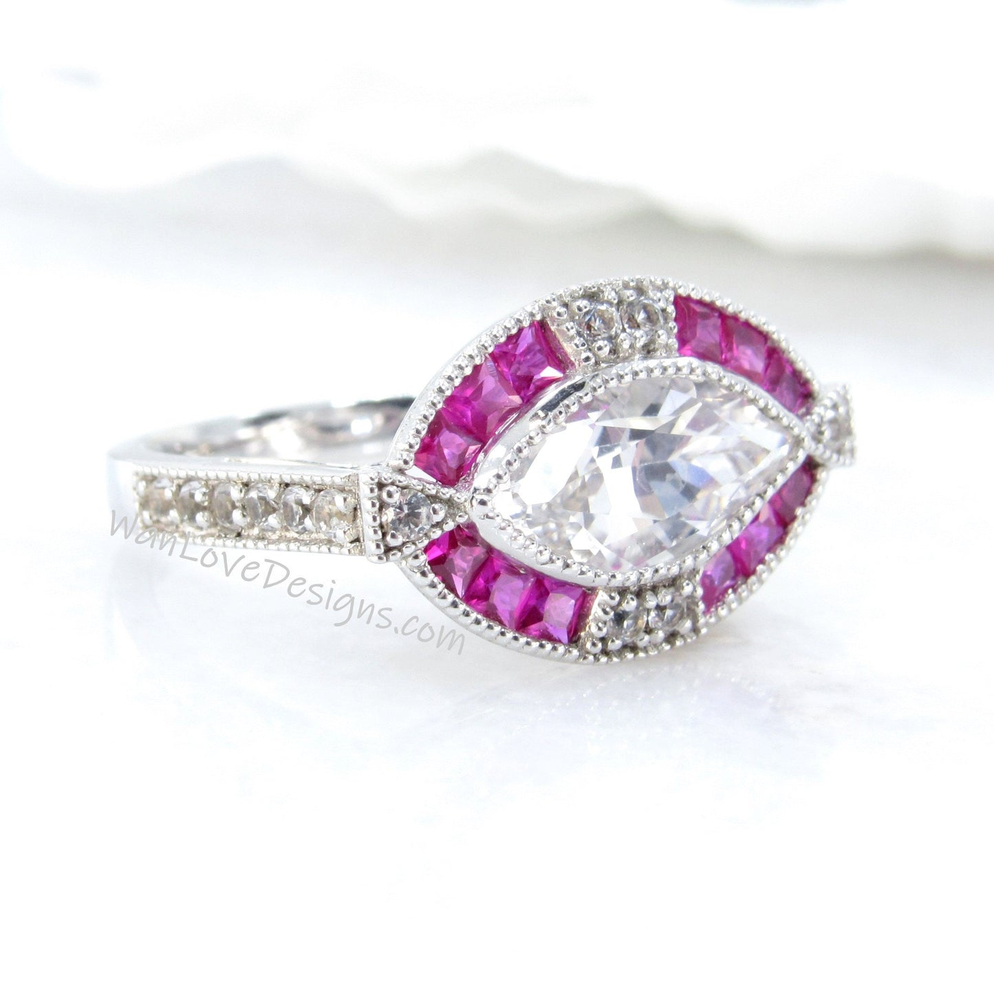 White Sapphire Ruby Diamond Halo Antique Filigree Marquis East West Milgrain Engagement Ring, 2ct, 12x6mm,Custom,Anniversary Gift,Commitment