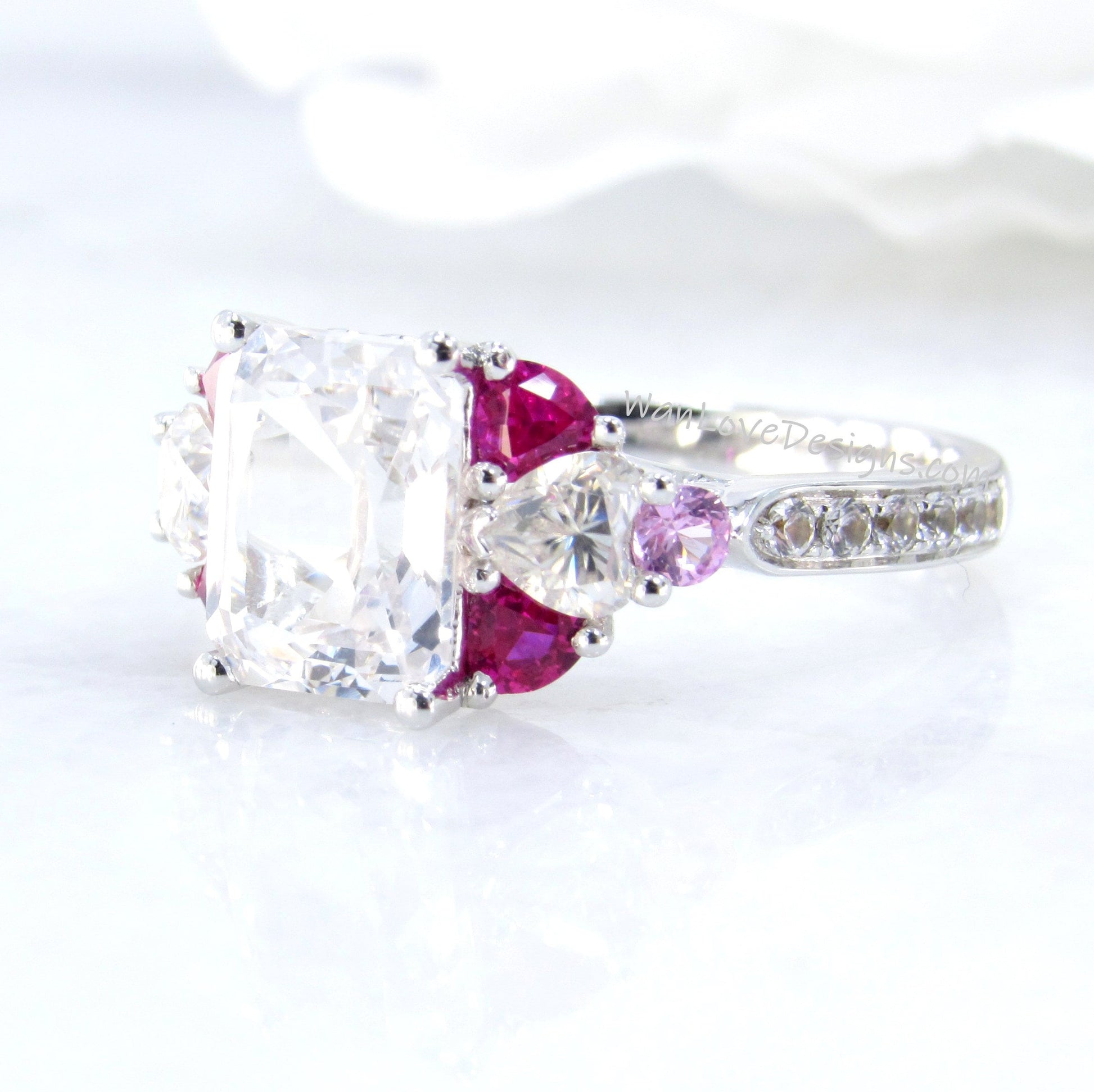 White Pink Sapphire Moissanite Ruby Emerald Round Heart Engagement Ring 3ct 9x7mm Custom Wedding White Gold Anniversary Gift-Ready to Ship