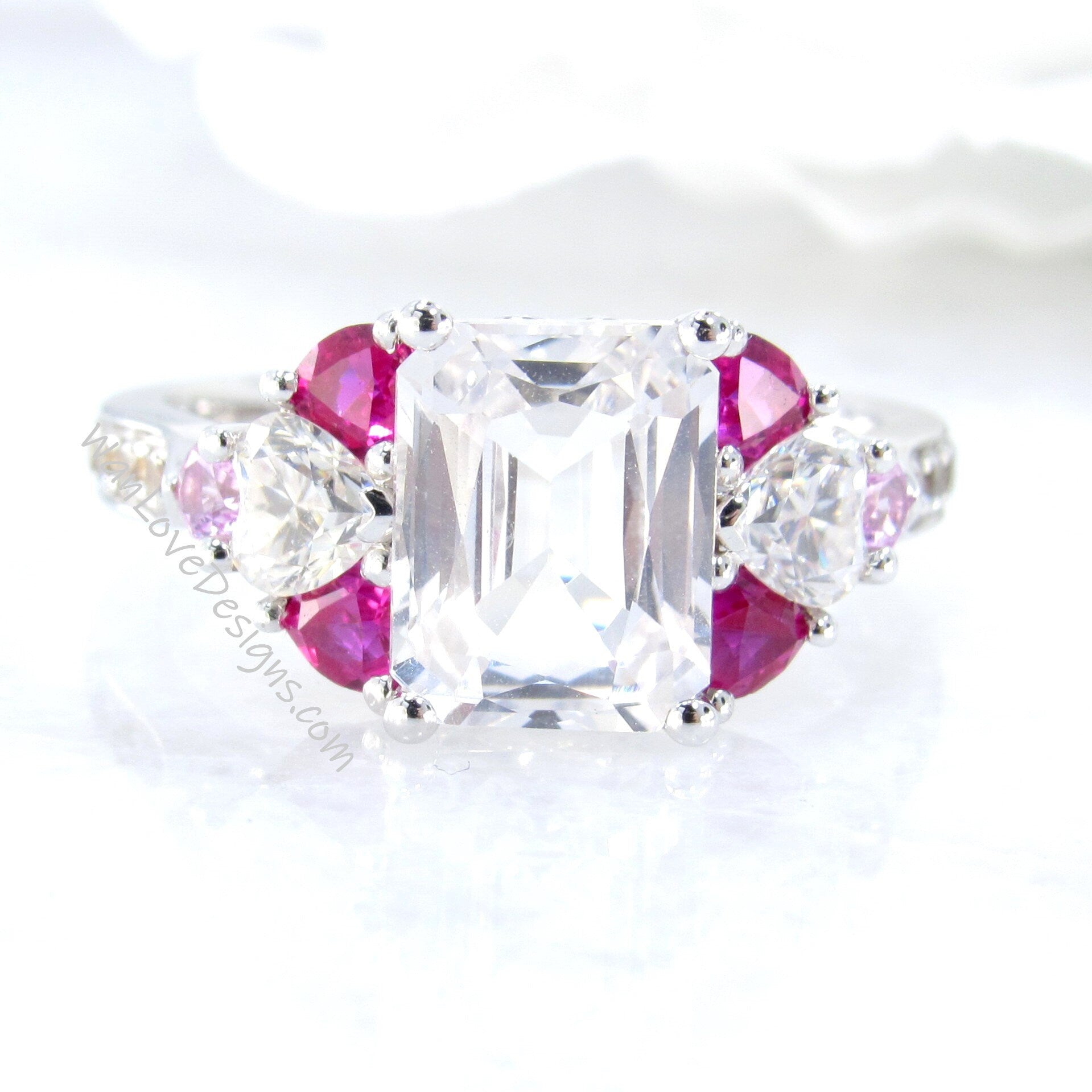 White Pink Sapphire Ruby Emerald Heart Round Engagement Ring, 3ct, 9x7mm, Custom-14k 18k White Yellow Rose Gold-Platinum,Anniversary Gift