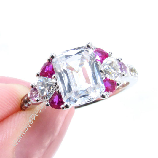 White Pink Sapphire Ruby Emerald Heart Round Engagement Ring, 3ct, 9x7mm, Custom-14k 18k White Yellow Rose Gold-Platinum,Anniversary Gift