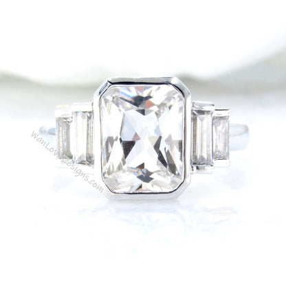 White Sapphire Emerald Baguette Bezel 5 Gemstone Moissanite Engagement Ring Custom Wedding Anniversary Gift