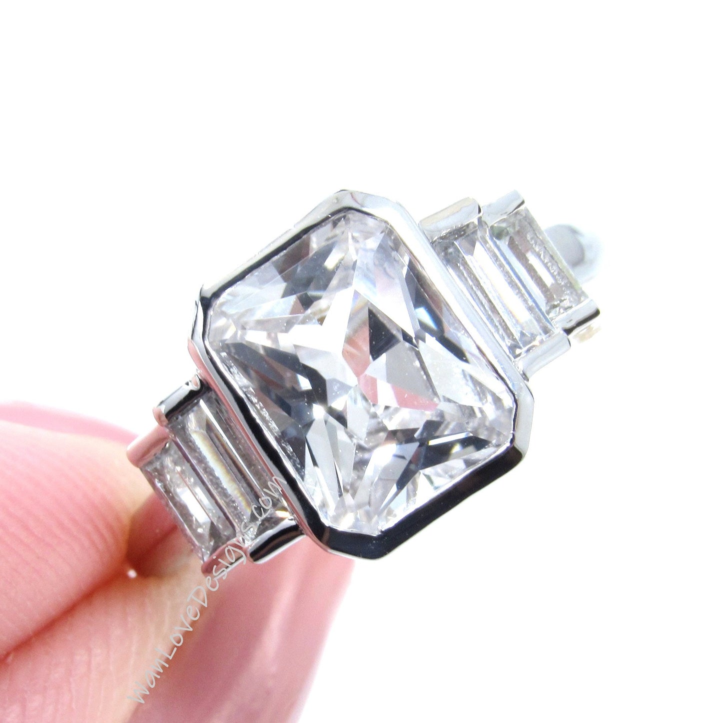 White Sapphire Emerald Baguette Bezel Engagement Ring art deco 3ct radiant bezel white gold ring wedding promise ring anniversary gift-Ready