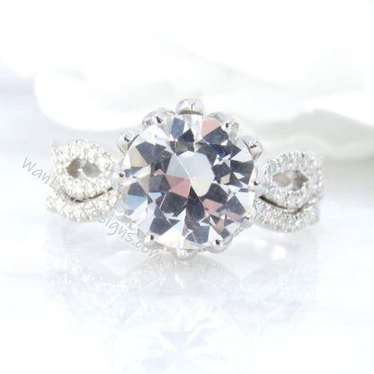 White Sapphire & Diamond Lotus Flower Infinity Twist Shank Engagement Ring Set, Curved Nesting Wedding Band, 14kt 18kt gold-Platinum-Custom