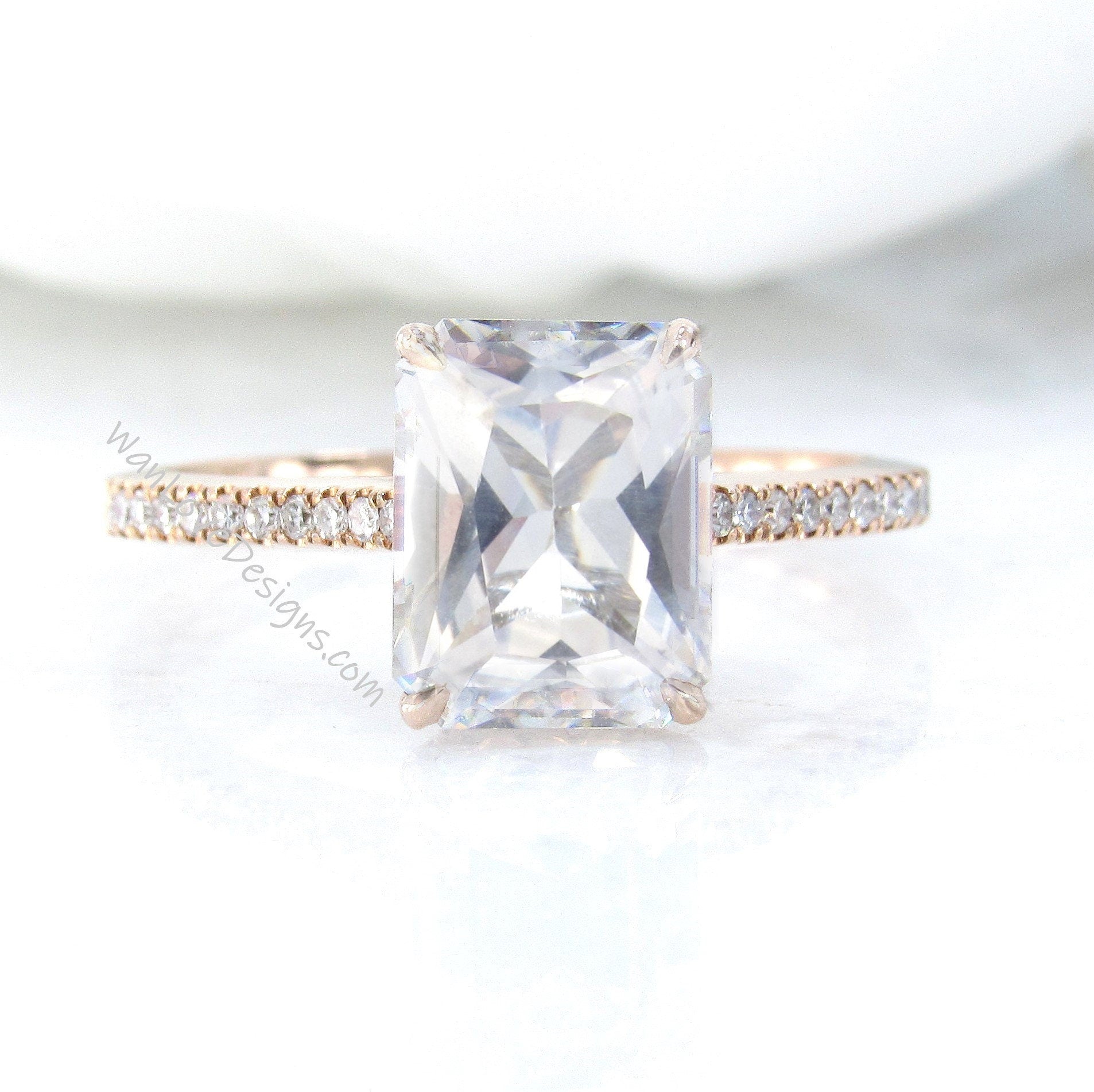 White Sapphire & Diamond Side Halo Emerald Half Eternity Engagement Ring, Custom, Wedding, 14k 18k Gold, Platinum, WanLoveDesigns
