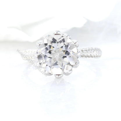 White Topaz & Diamond Lotus Flower Round Engagement Ring, 3ct, 9mm, Wedding, Anniversary Gift, Silver Rhodium, Resizable-Fast Ship