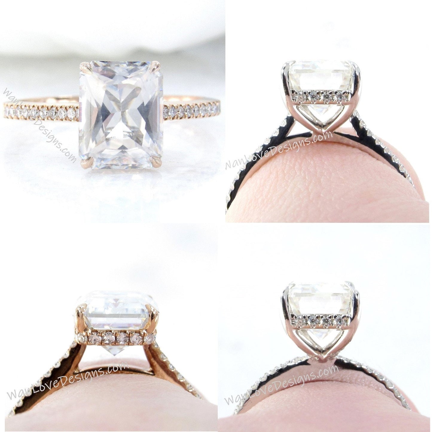 White Sapphire & Diamond Side Halo Emerald Half Eternity Engagement Ring, Custom, Wedding, 14k 18k Gold, Platinum, WanLoveDesigns