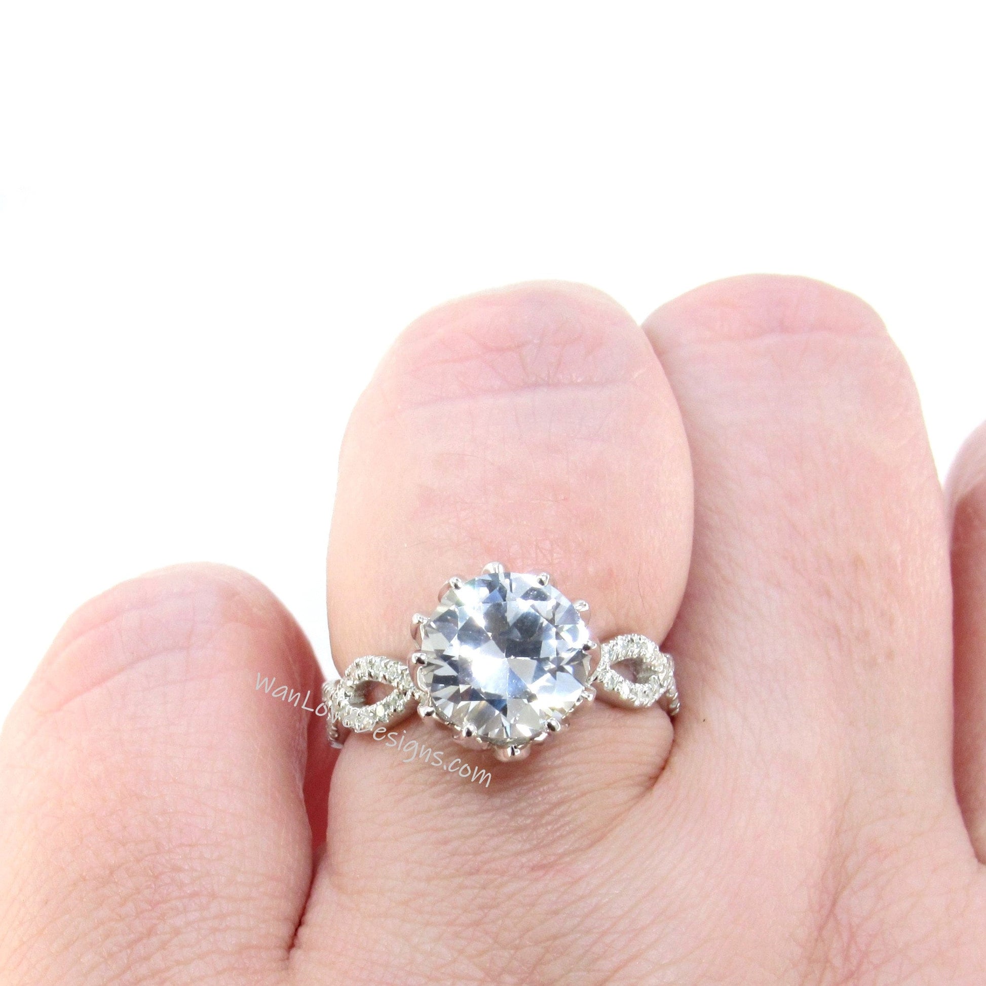 White Sapphire & Diamond Lotus Flower Infinity Twisted Round Engagement Ring, 14kt 18kt Gold-Platinum-Custom-Wedding-Anniversary Gift