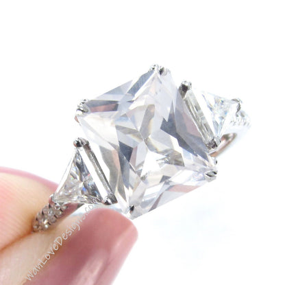 White Sapphire Moissanite Radiant Triangle Engagement Ring Custom-14k-18k-White Yellow Rose Gold-Platinum-Wedding-Aniversary Gift