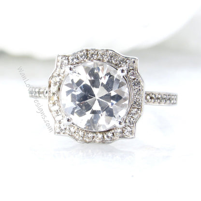 White Sapphire Antique Bezel Frame Engagement Ring-Basket-Vintage-Round Halo Ring-2ct-8mm-Silver Rhodium-Anniversary-Ready to Ship