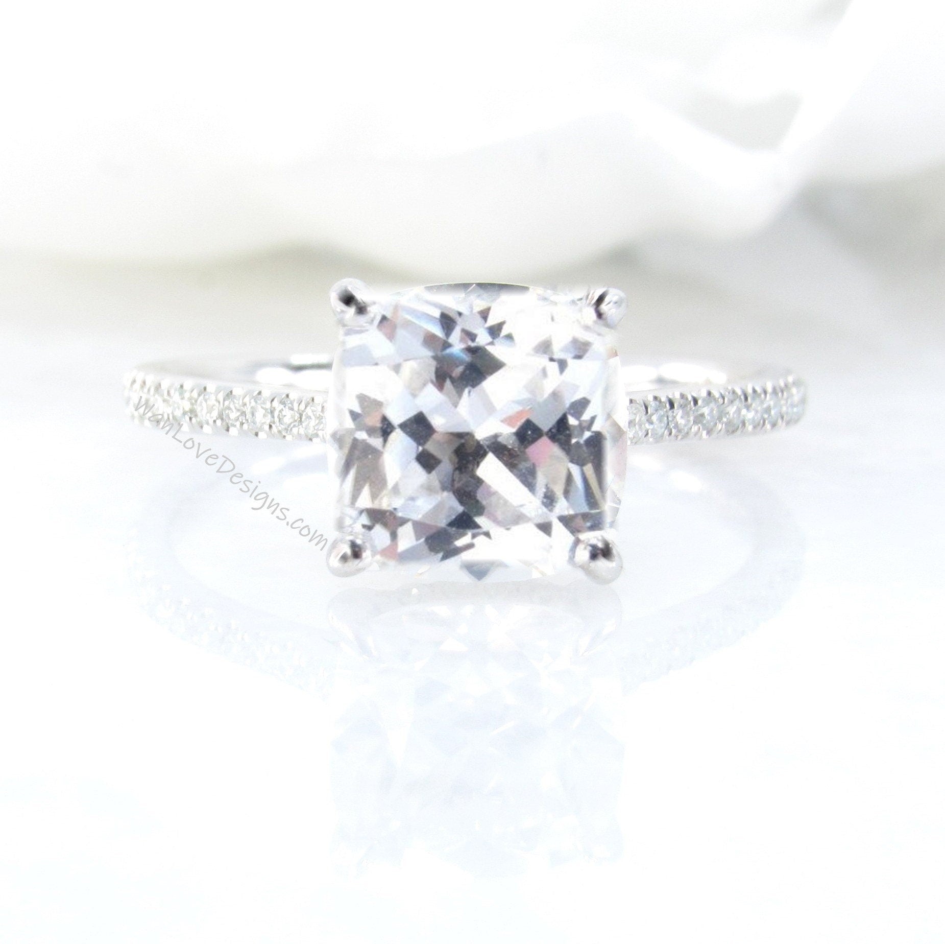 White Sapphire & Diamond Basket prongs Cushion Solitaire Engagement Ring 3ct 8mm 14k 18k White Yellow Rose Gold-Platinum-Custom-Wedding