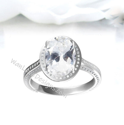 White Sapphire & Diamond Oval Halo 3 sided Engagement Ring, 14k 18k White Yellow Rose Gold, Platinum, Wedding, Anniversary Gift