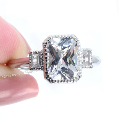 White Sapphire Engagement Ring, Bezel set Emerald, Baguette cut, 14k 18k White Yellow Rose Gold-Platinum-Custom-Wedding,Anniversary
