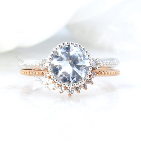 Vintage White Sapphire Engagement Ring Art Deco rose gold Round Migrain Bezel Bridal set Curved Diamond wedding band Anniversary ring