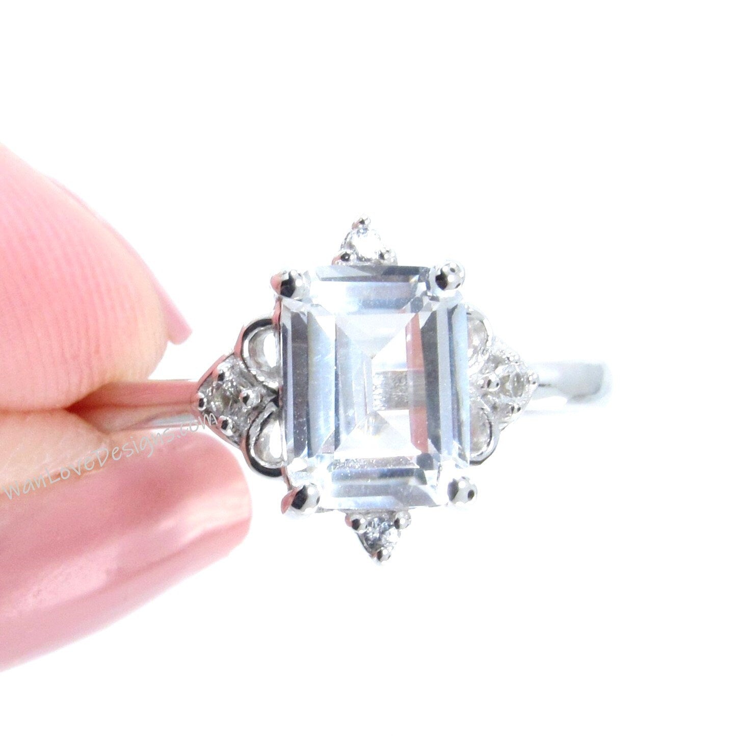 White Sapphire & Diamonds Dainty Emerald Art Deco Ornate Engagement Ring, 14kt 18kt Gold-Platinum-Wedding-Anniversary, WanLoveDesigns