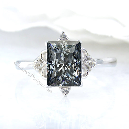 Vintage Grey Moissanite & Diamond Radiant Engagement Ring Antique Moissanite diamond art deco ring Emerald Bridal Anniversary promise Ring