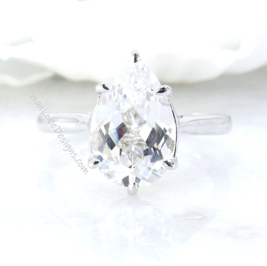 White Sapphire Solitaire Pear Engagement Ring 6 prong Cathedral Solitaire 4ct 12x8mm Wedding Anniversary promise ring gift, Ready to Ship