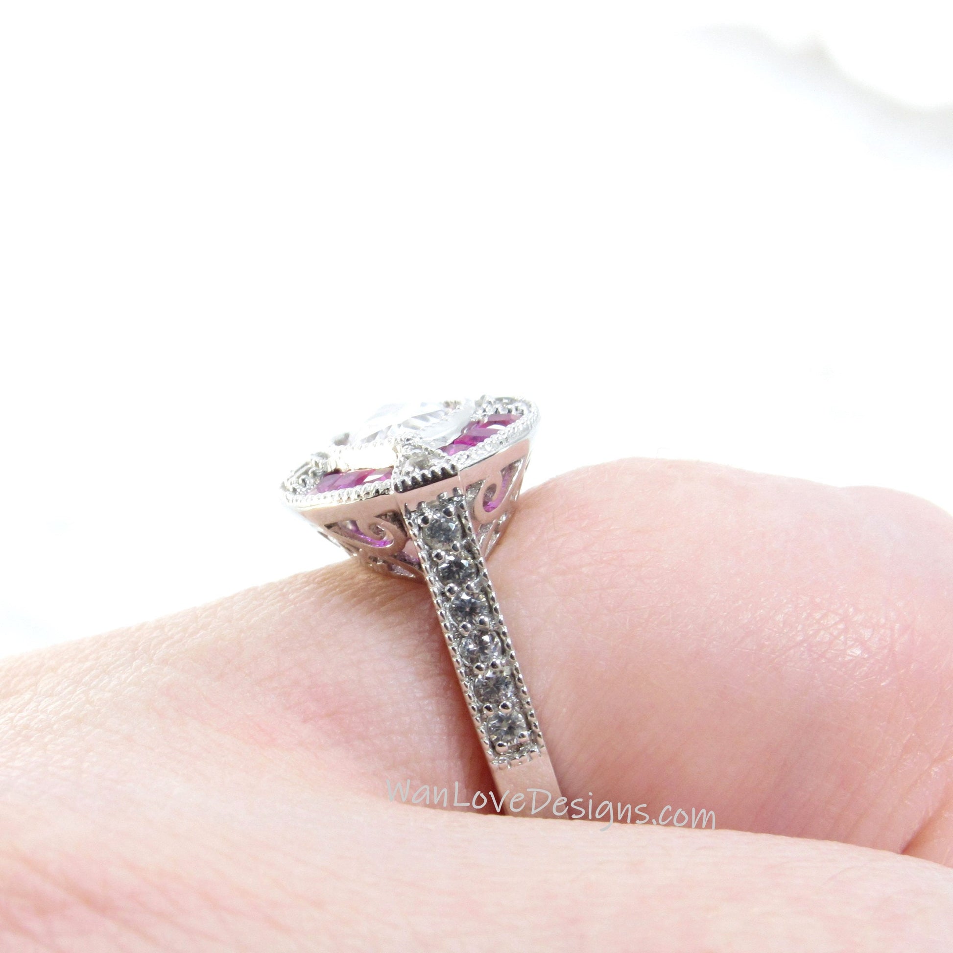 White Sapphire Ruby Diamond Halo Antique Filigree Marquis East West Milgrain Engagement Ring, 2ct, 12x6mm,Custom,Anniversary Gift,Commitment