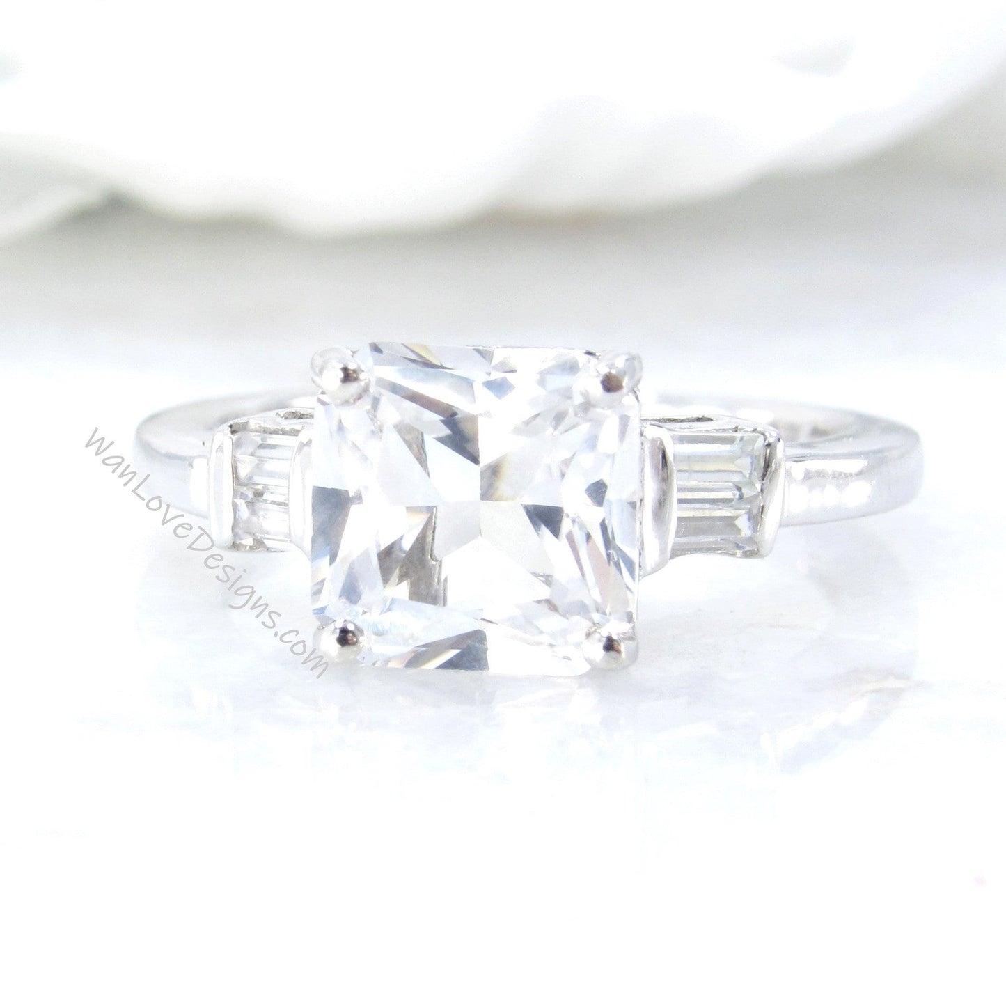 White Sapphire Radiant Princess & Baguette Engagement Ring 5 Gemstone Custom Wedding Anniversary Gift, WanLoveDesigns