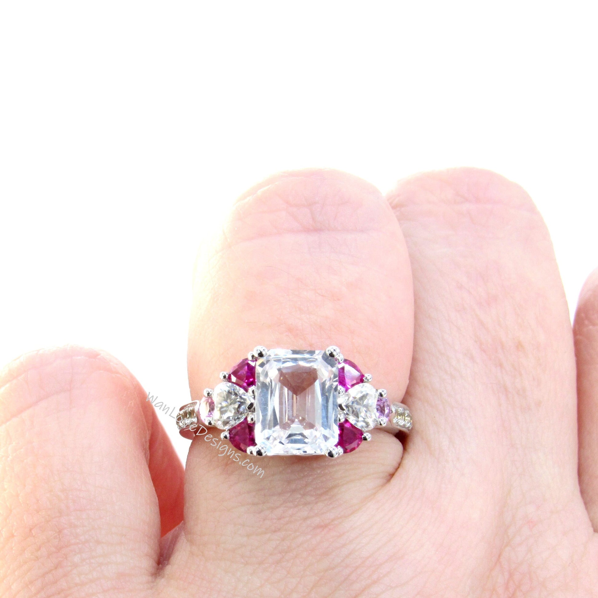 White Pink Sapphire Ruby Emerald Heart Round Engagement Ring, 3ct, 9x7mm, Custom-14k 18k White Yellow Rose Gold-Platinum,Anniversary Gift