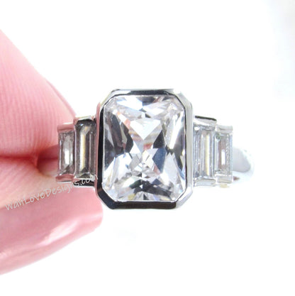 White Sapphire Emerald Baguette Bezel 5 Gemstone Moissanite Engagement Ring Custom Wedding Anniversary Gift