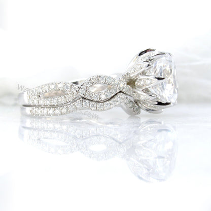 White Sapphire & Diamond Lotus Flower Infinity Twist Shank Engagement Ring Set, Curved Nesting Wedding Band, 14kt 18kt gold-Platinum-Custom