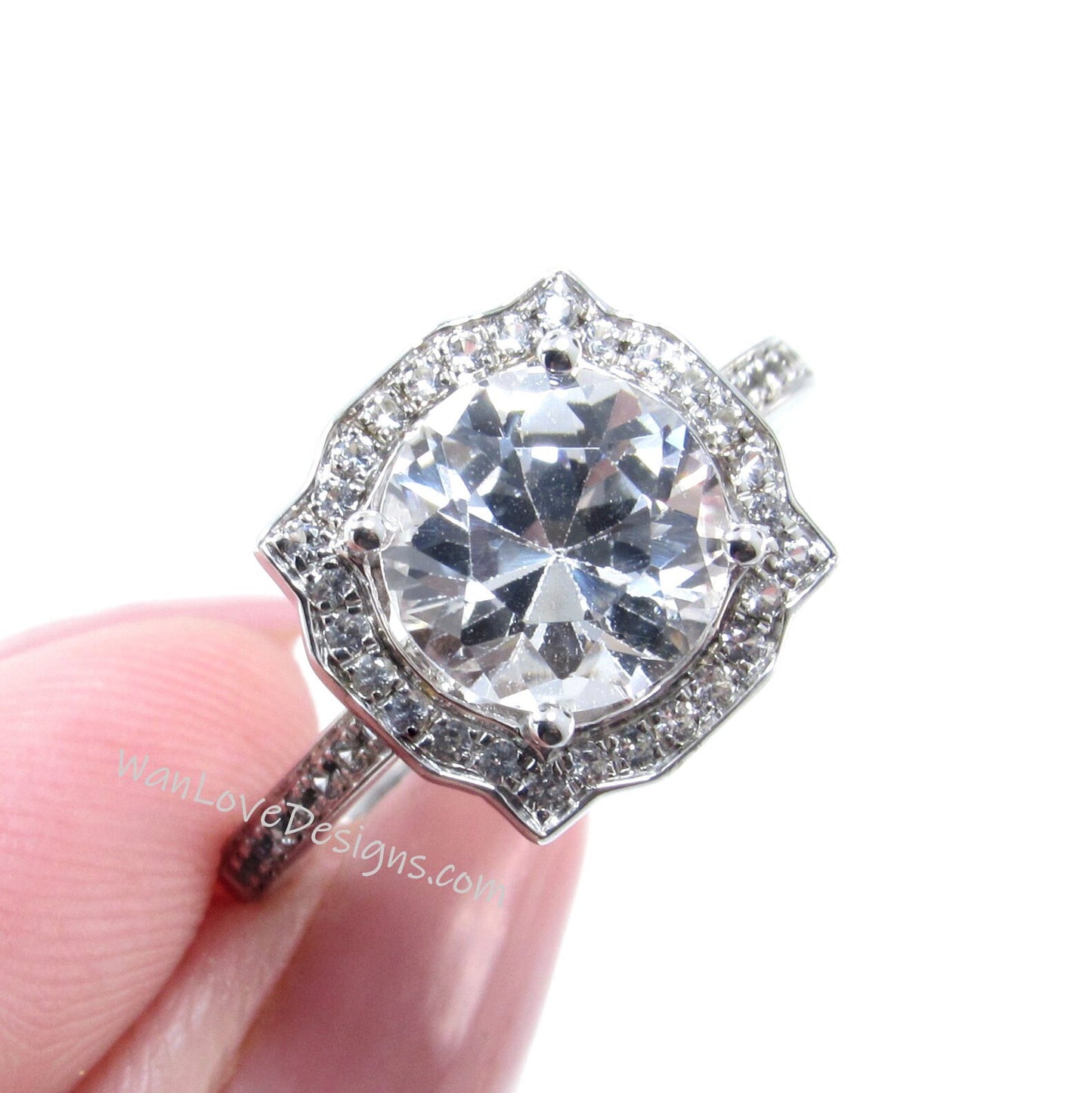 White Sapphire Antique Bezel Frame Engagement Ring-Basket-Vintage-Round Halo Ring-2ct-8mm-Silver Rhodium-Anniversary-Ready to Ship