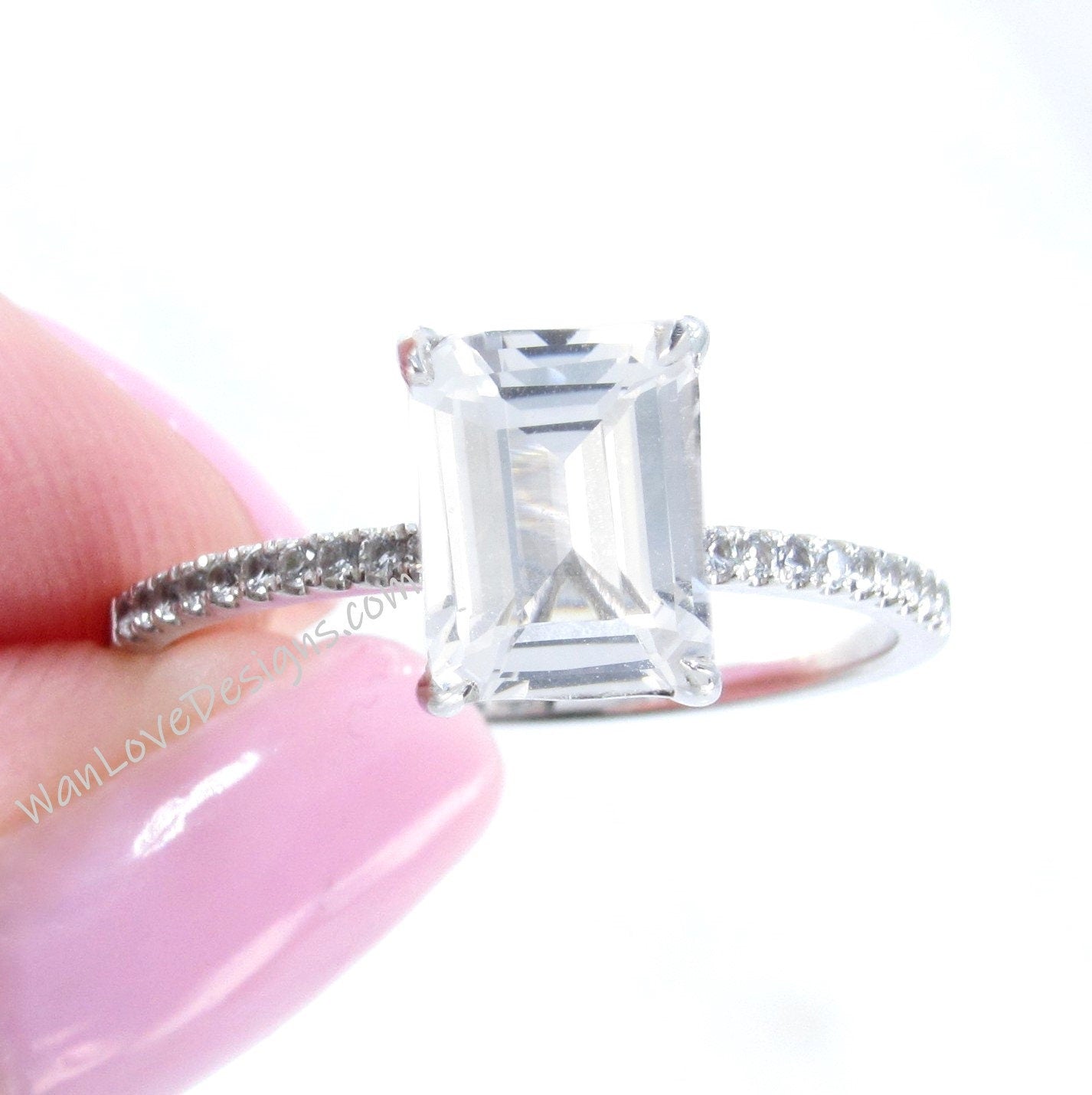 White Sapphire Emerald Cut Engagement Ring 2ct Vintage solitaire prong Wedding Anniversary promisse ring Basket set ring, Ready to ship