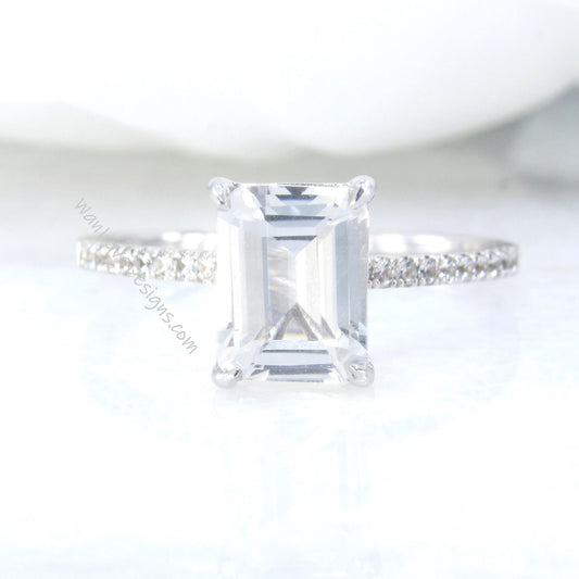 White Sapphire Emerald Cut Engagement Ring 2ct Vintage solitaire prong Wedding Anniversary promisse ring Basket set ring, Ready to ship