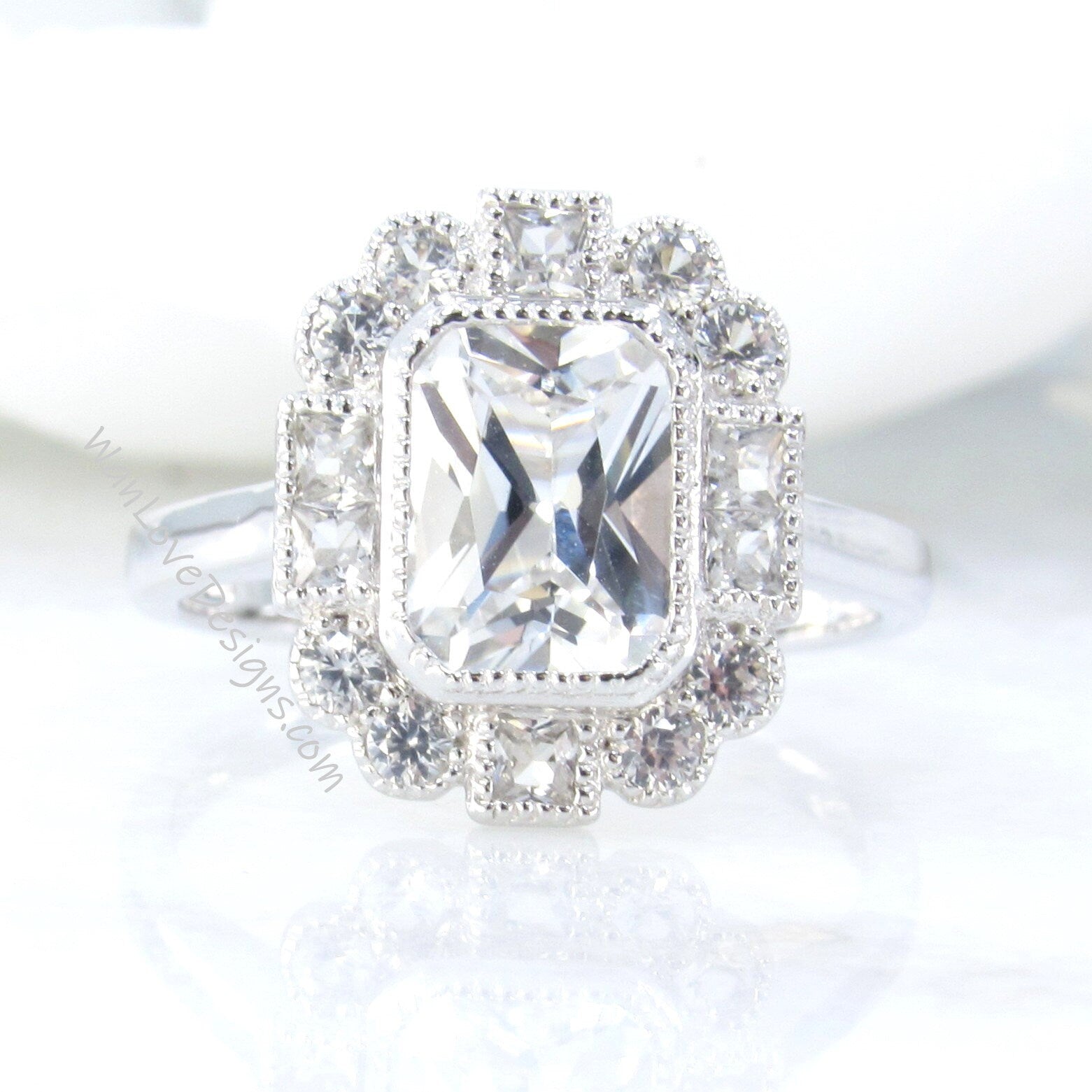 White Gold Emerald Cut White Sapphire Ring, Princess Round Cut Bezel Halo, Plain Smooth Band, Bezel Setting Center Gemstone, Ready to Ship