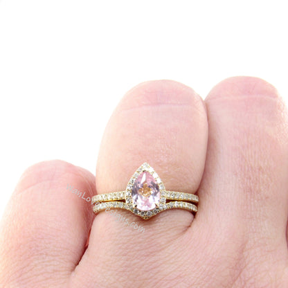 Vintage Pear Peach Sapphire engagement ring set Rose gold Diamond/Moissanite Curved wedding band half eternity Bridal set Anniversary ring