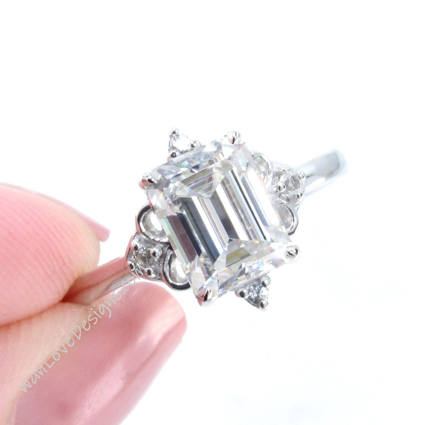 Vintage Moissanite & Diamond Radiant Engagement Ring Antique Moissanite diamond art deco ring gold Emerald Bridal Anniversary promise Ring
