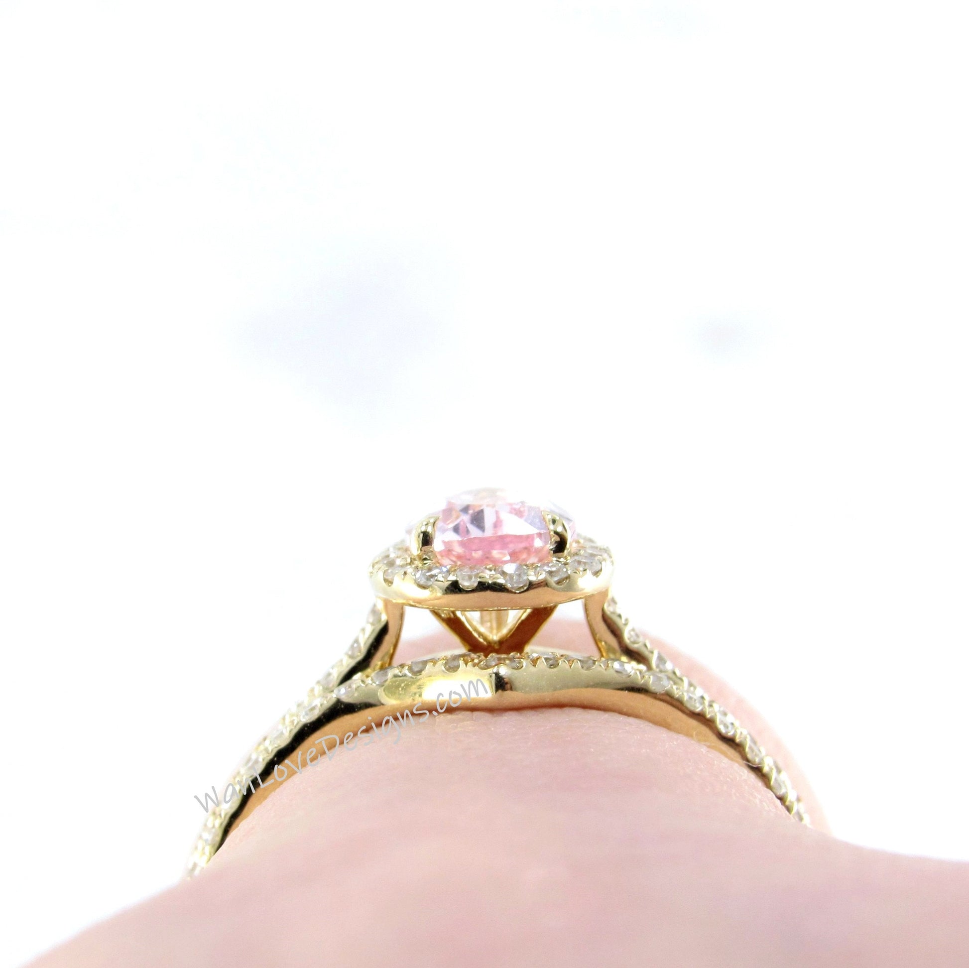 Vintage Pear Peach Sapphire engagement ring set Rose gold Diamond/Moissanite Curved wedding band half eternity Bridal set Anniversary ring
