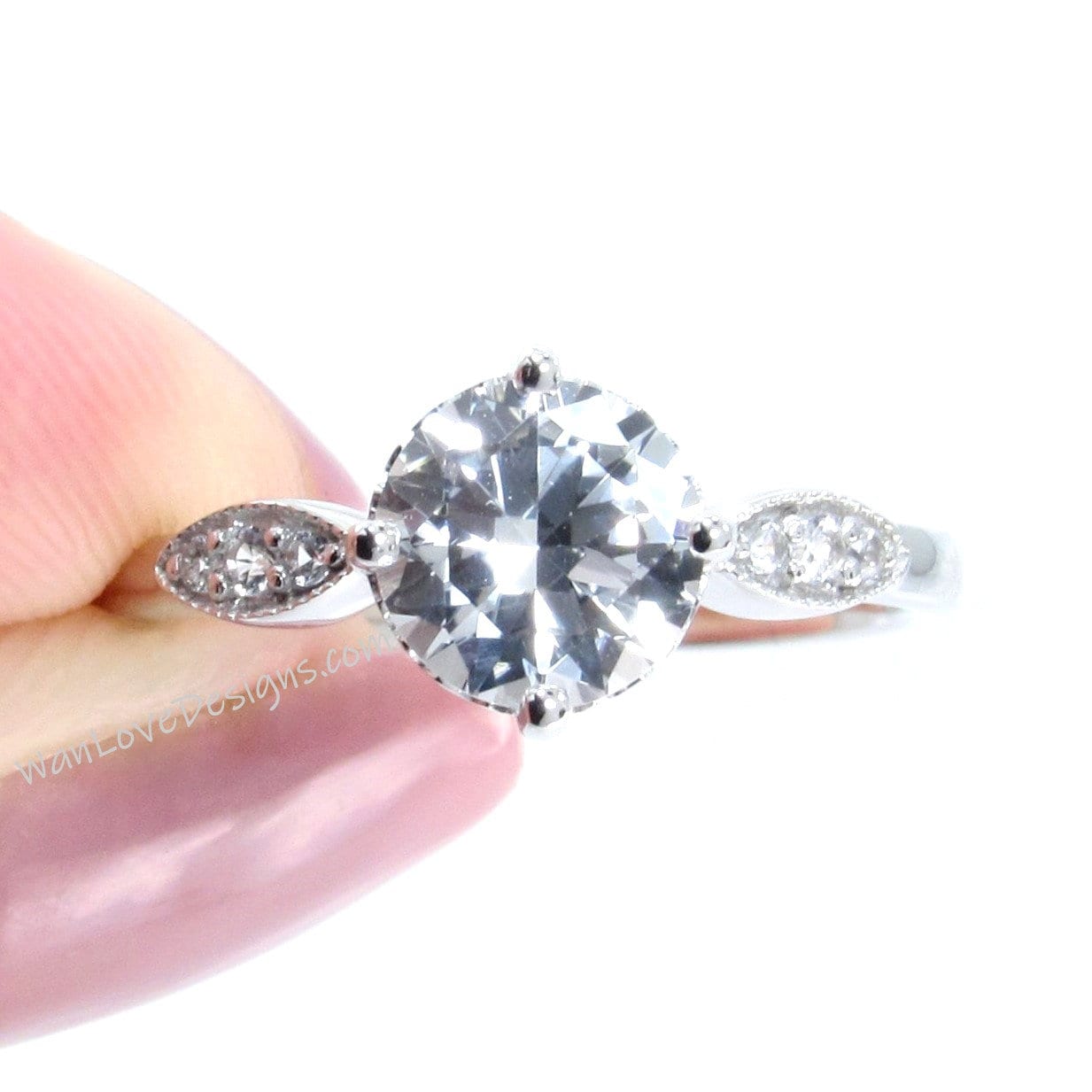 White Sapphire Milgrain Leaf Engagement Ring, Round cut, 1.5ct 7mm-White Gold-Custom-Wedding-Aniversary Gift-Ready to Ship Rings