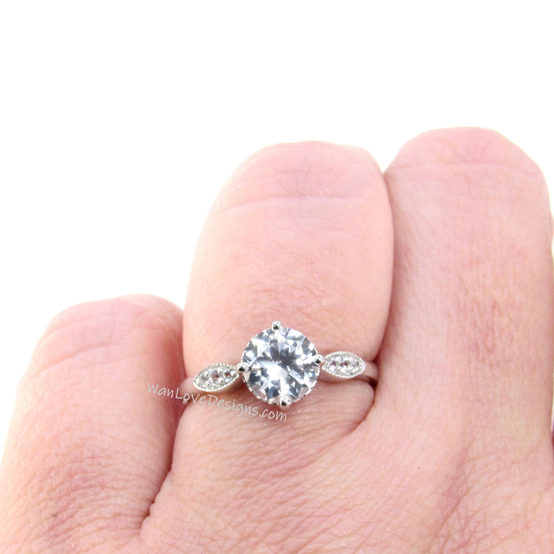 White Sapphire Milgrain Leaf Engagement Ring, Round cut, 1.5ct 7mm-White Gold-Custom-Wedding-Aniversary Gift-Ready to Ship Rings