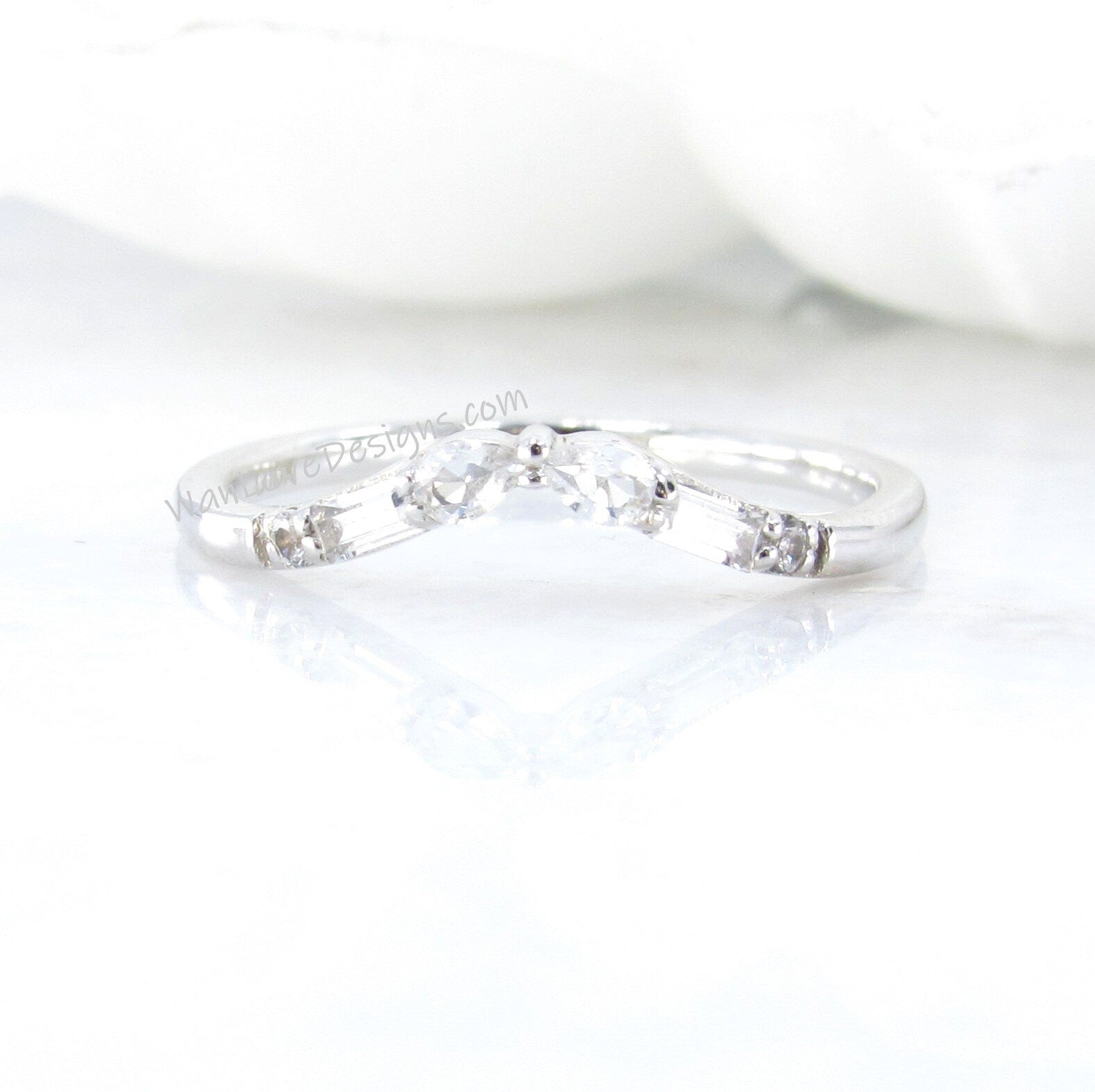 White Sapphire art deco Wedding Band, Baguette Pear Round Curved Nesting band Engagement Ring, White Gold bridal ring Anniversary band-Ready