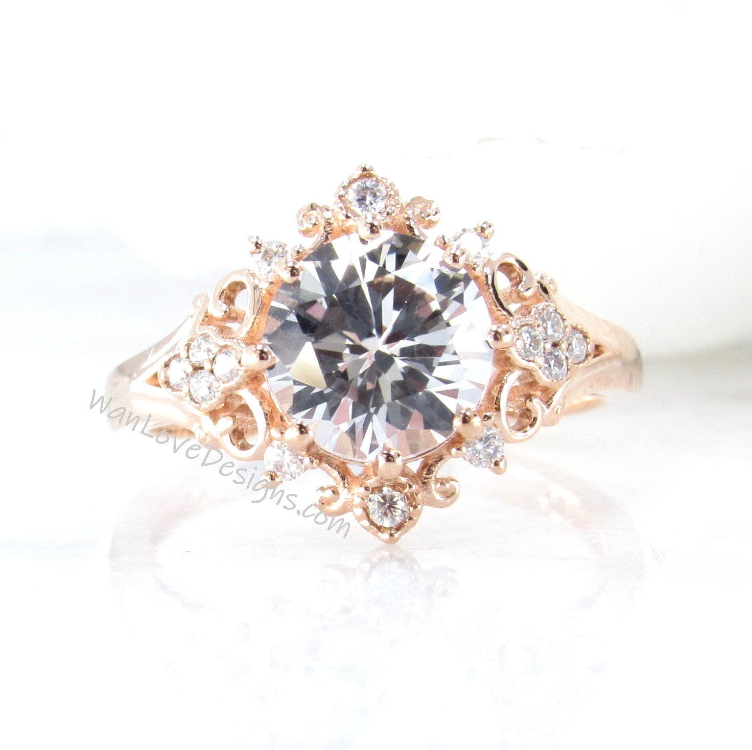 White Sapphire & Diamonds Ornate Floral Quatrefoil Engagement Ring Round womans engagement bridal ring Custom Wedding Anniversary Gift
