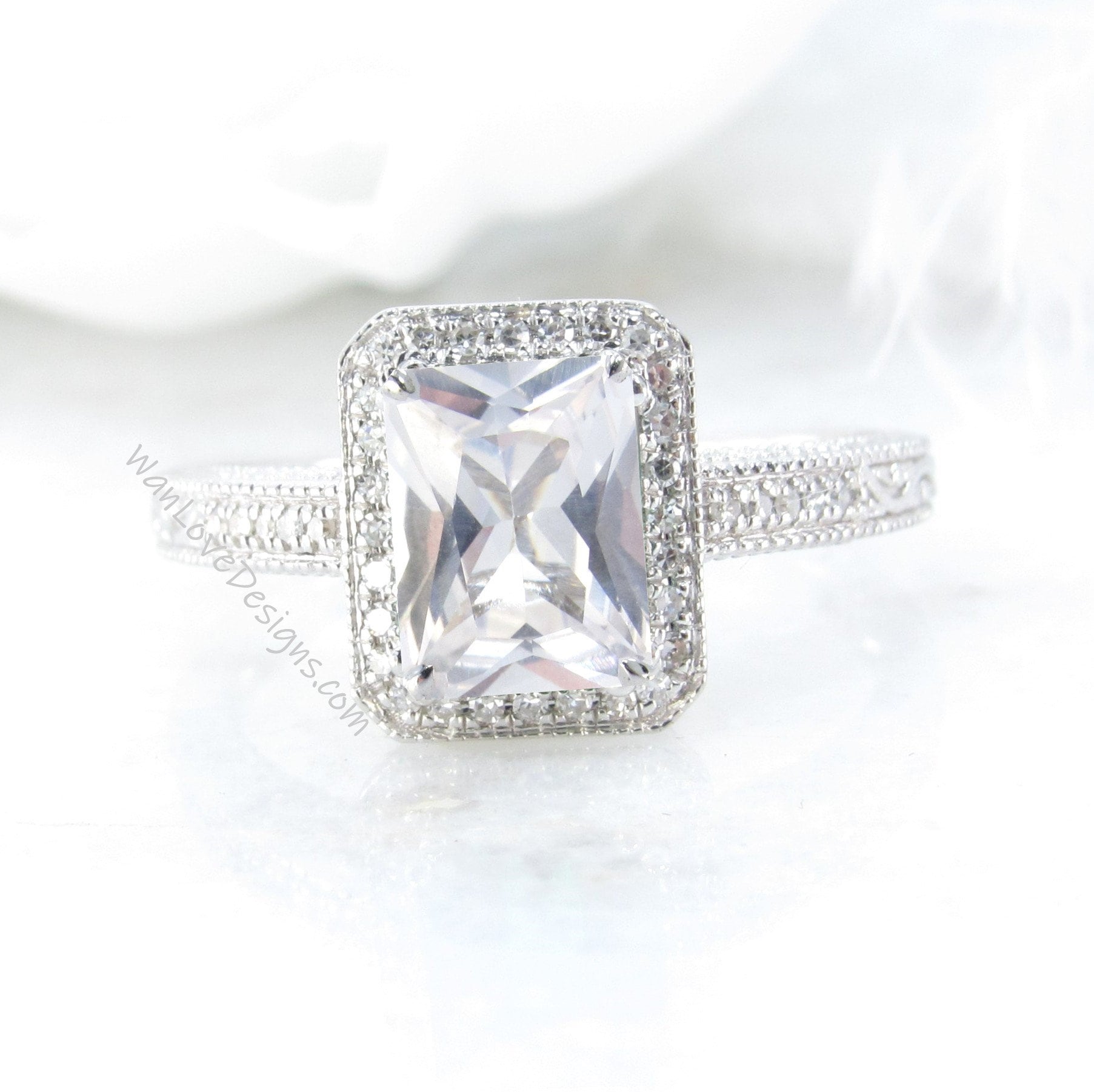 White Sapphire & Diamond Halo Antique Filigree Emerald Engagement Ring 14k 18k White Yellow Rose Gold Platinum Wedding Anniversary