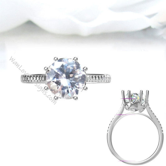 White Sapphire Sapphire & Diamond Flower 8 Prong Engagement Ring Round Floral Plumeria 14k 18k White Yellow Rose Gold Platinum, Anniversary