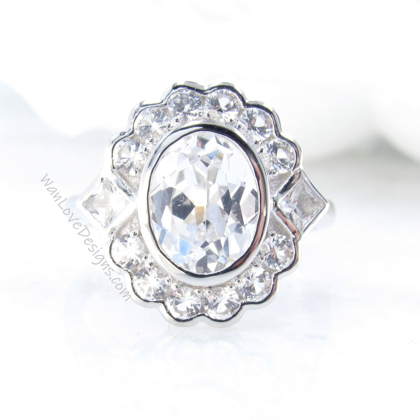 White Sapphire & Moissanite Oval Semi Bezel Cluster Princess Round Halo Engagement Ring Vintage Custom Wedding Jewelry Antique Anniversary