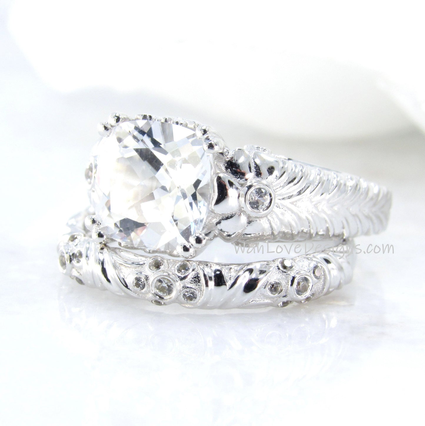 White Sapphire Engagement Ring Set Unique Floral Design Tropical Cushion Wedding Band 3ct White Gold Bridal promise ring set Ready to Ship