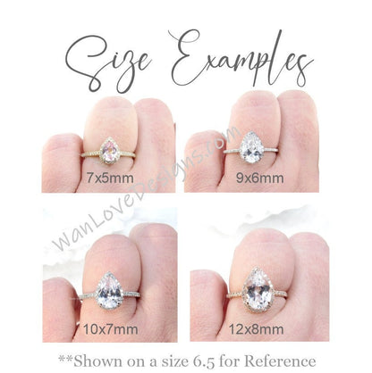White Sapphire Diamond Graduated Halo Engagement Ring Pear Plain Shank Custom-14k 18k White Yellow Rose Gold-Platinum-Wedding