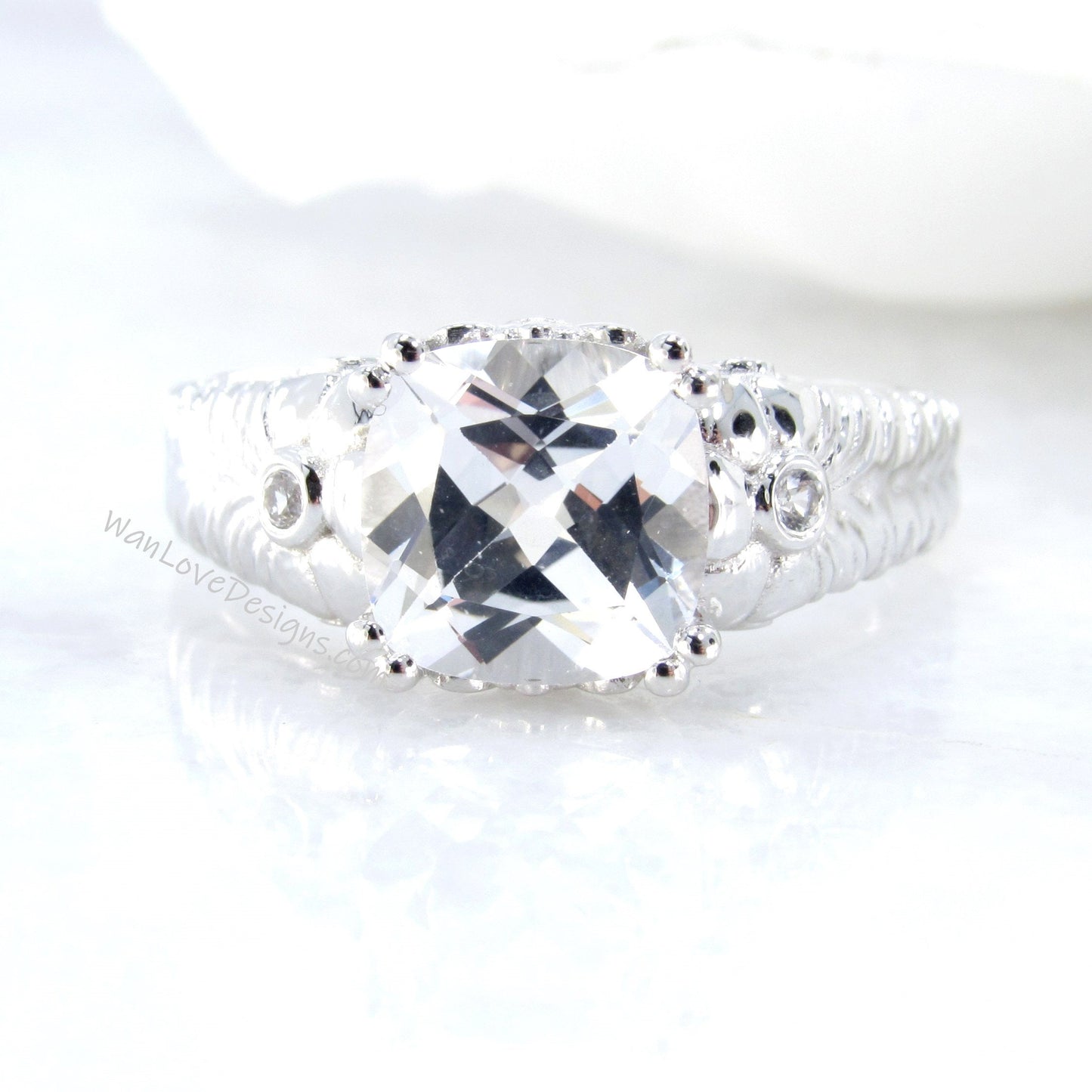 White gold White Sapphire engagement ring vintage engraved flower ring statement ring unique floral Bridal Promise Anniversary ring-Ready