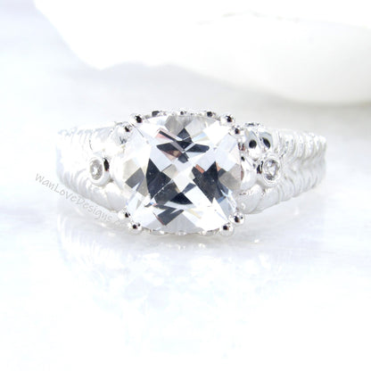 White gold White Sapphire engagement ring vintage engraved flower ring statement ring unique floral Bridal Promise Anniversary ring-Ready