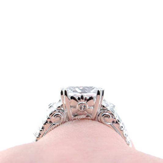 White gold White Sapphire engagement ring vintage engraved flower ring statement ring unique floral Bridal Promise Anniversary ring-Ready