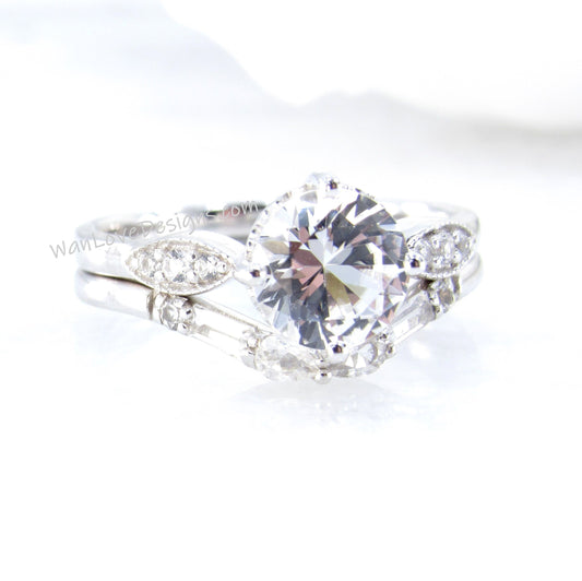 White Sapphire Engagement Ring Set | White gold ring Art deco wedding set | Curved baguette pear wedding band bridal set | Anniversary ring