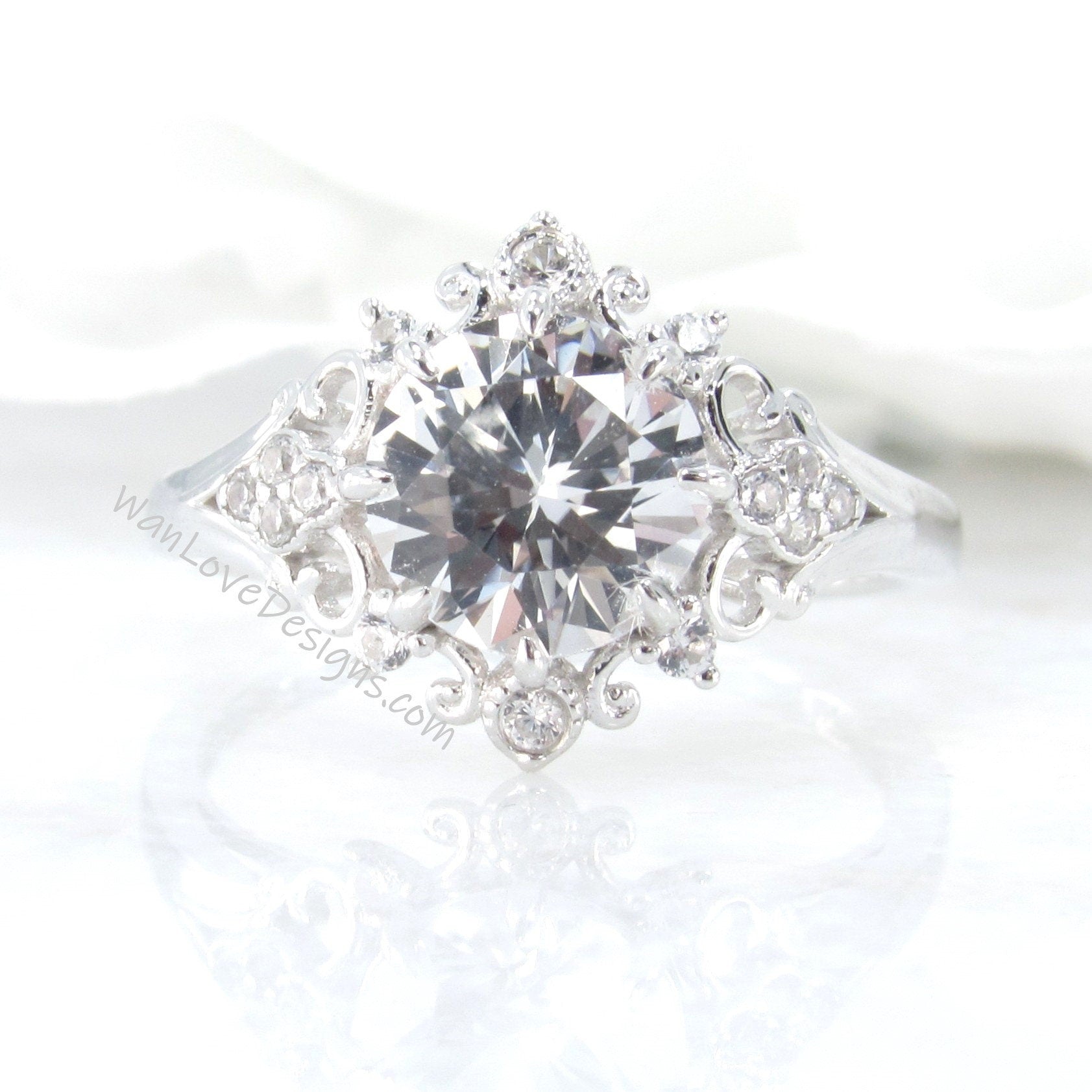 White Sapphire & Diamonds Ornate Floral Quatrefoil Engagement Ring Round womans engagement bridal ring Custom Wedding Anniversary Gift