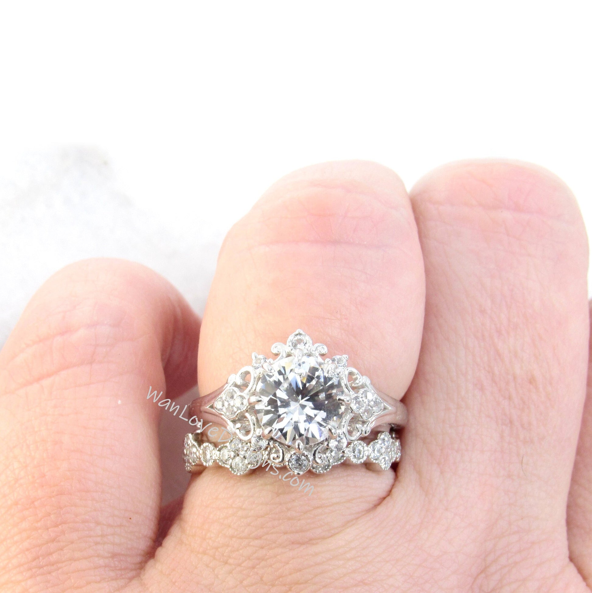 White Sapphire Ornate Halo Engagement Ring Set, Floral Quatrefoil Wedding Band, Vintage Round Halo, 2ct-8mm-Custom-Wedding-Anniversary Gift
